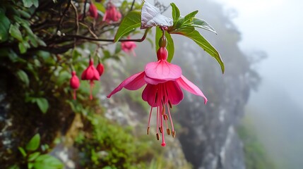 Stunning Fuchsia Flower with Dew Drops in a Misty Mountain Landscape