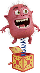3D Illustration: Pink Monster Jack-in-the-Box Character png, isolated on trasparent background