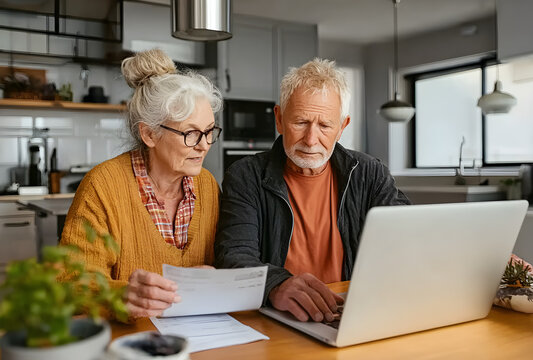 Senior couple reviewing finances together on a laptop at home.