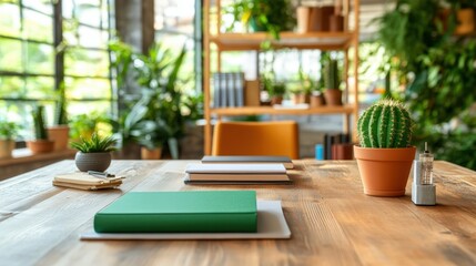 Fototapeta premium Bright modern home office workspace with plants books desk accessories and large window for productivity