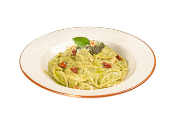 Plate of spaghetti pesto pasta on a Transparent PNG Background