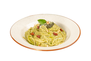 Plate of spaghetti pesto pasta on a Transparent PNG Background