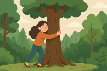 Love for nature concept. Woman hugging a tree in the forest. Vector illustration for environmental conservation, sustainability, Earth Day. Mental health, peace, harmony with nature.