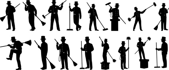 Extensive collection of chimney sweep silhouettes in various poses showcasing traditional cleaning and maintenance