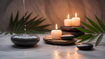Still life of stones with water droplets candles and palm leaf creating a spa like atmosphere