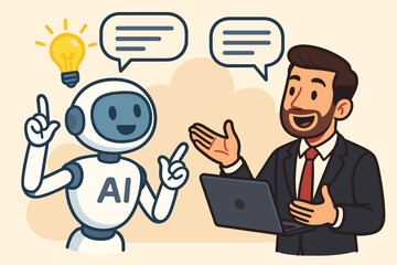 Businessman consulting AI robot for a business solution. Artificial intelligence assistant has an idea. Concept of future technology, innovation, chatbot support, partnership, communication.