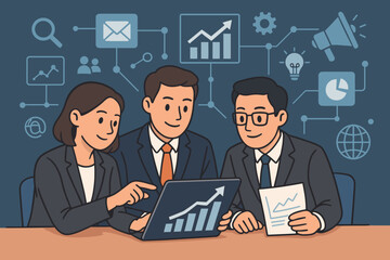 Business team meeting for digital marketing strategy. Colleagues analyzing data on a laptop. Corporate collaboration for growth and success. Concept of financial planning and analytics.