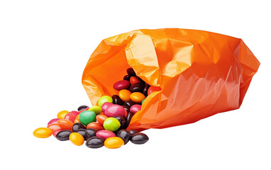 Halloween candy bag overflowing with assorted sweets perfect for spooky celebrations isolated on transparent background PNG