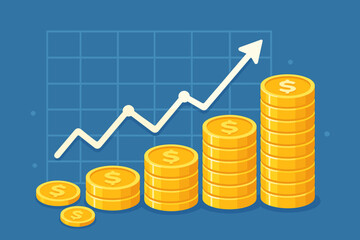 Stock market growth and financial success concept. Vector illustration of a rising arrow chart with stacks of gold dollar coins. Business investment profit, income, and wealth.
