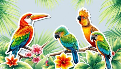 Vibrant tropical birds in a summery sticker collection,  cute,  toucan