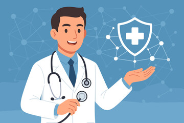 Friendly doctor character with stethoscope presents health insurance shield. Medical protection, online consultation, and healthcare technology concept. Vector for hospital or clinic.