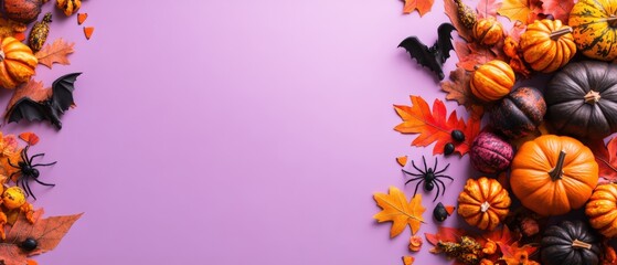 Vibrant Halloween autumn pumpkins leaves and spider decorations on pastel background for seasonal celebration