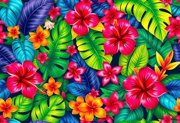 Vibrant tropical leaves, hibiscus, and exotic flowers in a repeating seamless pattern,  vacation,  banner