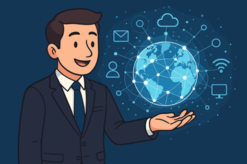 Businessman holding a global digital network. Concept of worldwide business, internet technology, communication. Man in suit with earth globe, cloud computing, data, wifi icons.
