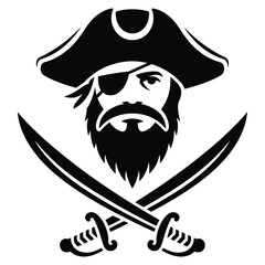 Monochrome Pirate Head with Crossed Swords - Vector Ilustration On White Background