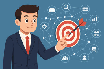 Businessman pointing at a target, a concept for digital marketing strategy. Targeting an audience, achieving goals, business plan, SEO, e-commerce, and success vector illustration.