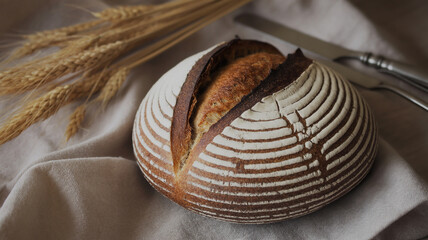 A loaf of artisan bread with wheat stalks and a knife on a beige cloth background still life shot