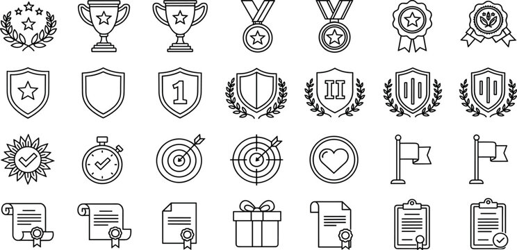 Achievements and awards icon set, adjustable line weight trophy, award, reward, prize, medal, medallion, ribbon, champion, laurel, victory icons, ceremony stroke, outline graphic, badge, winner, win