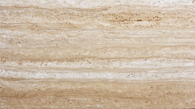 Natural travertine stone with light creamy beige layers in macro flatlay view