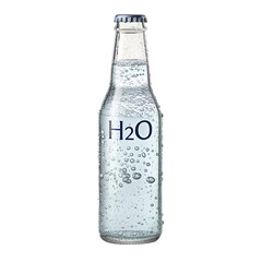 A clear glass bottle filled with sparkling water. The label reads 'H2O'. Bubbles are visible inside the bottle against a black background.