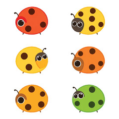 Obraz premium Six cute cartoon ladybugs in various colors on white background