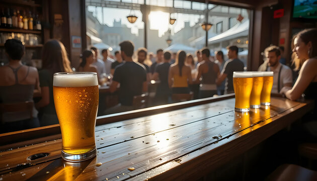 Lively bar scene with cold beer glasses on wooden counter and group of people socializing in warm natural light
