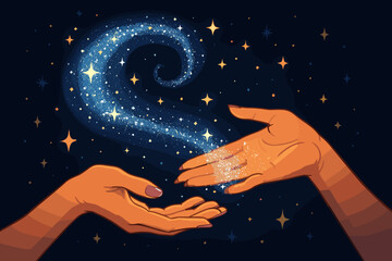 Magical stardust touch vector illustration. Hands creating a swirl of cosmic energy and stars. Mystical concept of creation, spirituality, miracles, and divine inspiration.
