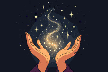 Illustration of hands holding glowing stardust. Concept of magic, miracle, hope, and dreams. Spirituality and manifestation. Cosmic energy, glitter, and stars in the night sky.