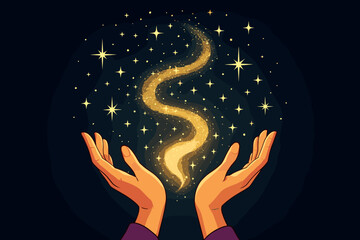 Hands holding magical golden stardust. Miracle concept of hope, faith and love. Magic light in woman hands. Fantasy illustration of divine energy, power and spirituality. Vector.