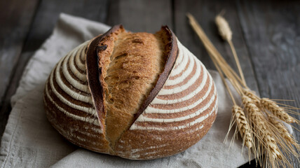 A loaf of sourdough bread with wheat stalks on a linen cloth and wooden background surface close up view