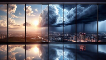 Reflections in a window showing a storm outside while the actual