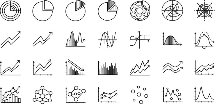 Chart icon set vector, charts, adjustable line weight, graph, pie, bar, data, area, dot, point, radar, sine, cosine, icons, design, graphic, outline.