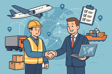 Logistics and supply chain management concept. Businessman and worker shaking hands. Global shipping and freight transport agreement. International trade deal with world map vector.