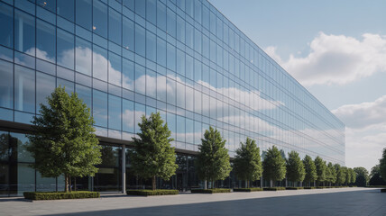 Modern glass building reflecting the sky with trees in front on a sunny day in the city area