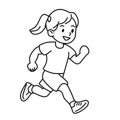 Simple line art of a happy girl running. Represents childhood, exercise, health, energy, and active lifestyle.

