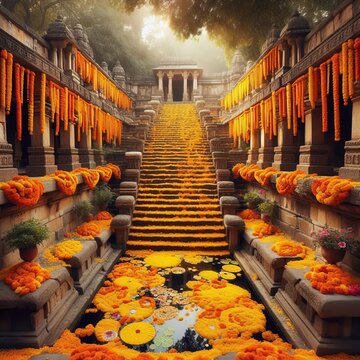 Ancient terraced stone steps draped with marigold garlands funne