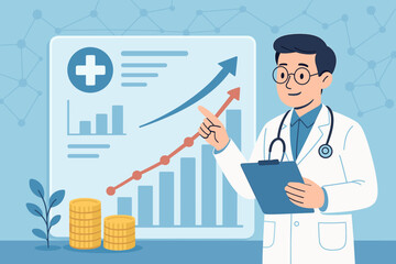 Healthcare growth analysis concept. Doctor presenting a financial report with a growth chart. Medical business investment, clinic profit, hospital management, health insurance success.