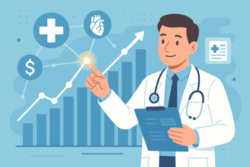 Doctor analyzing healthcare finance and cardiology data on a growth chart. Medical market analysis, hospital revenue, investment strategy, and rising health costs concept vector.