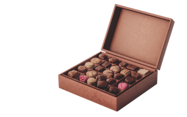 Valentines Day chocolate box opened to reveal assorted sweet treats inside isolated on transparent background PNG