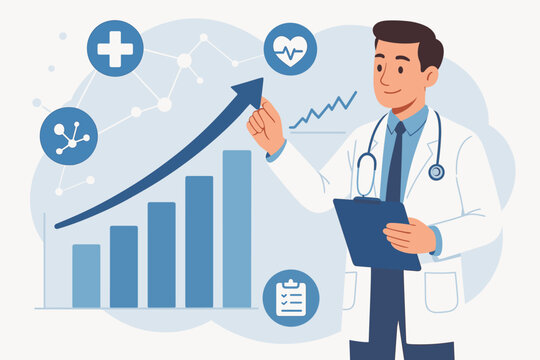 Doctor analyzing healthcare growth chart. Medical professional with statistics graph. Concept of medicine progress, business success, data analysis and hospital performance report.