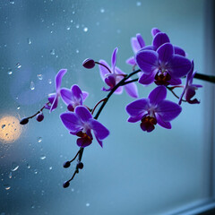 Naklejka premium Elegant Purple Orchid Branch with Water Droplets on a Rainy Window Pane, Evoking a Serene and Melancholy Mood