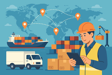 Global logistics network and supply chain management. Manager controlling cargo delivery with tablet. Vector illustration of container ship, truck, crane, boxes on world map background.