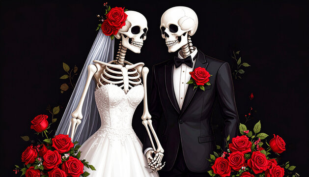 Elegantly dressed skeletons in wedding attire, red roses. AI