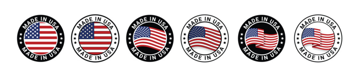 Clean, Simple and Modern Set of Made in the USA Labels, American Product Logos, Minimal USA Flag Emblems, Patriotic Vector Badges and Stamps &ndash; Flat Vector Illustration