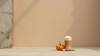 Pumpkin spice latte with cinnamon stick against soft beige backdrop
