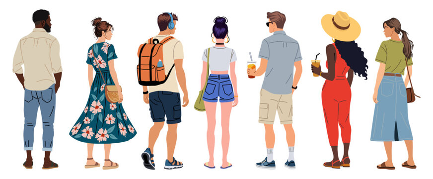Vector illustration of diverse people in summer outfits seen from behind. Casual men and women in vacation clothes walking, relaxing, holding drinks. Isolated on transparent background