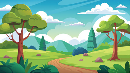 Obraz premium Serene Cartoon Landscape with Green Hills, Lush Trees, and Winding Dirt Path