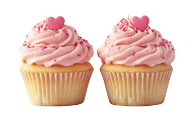 Cute Valentine themed cupcakes decorated with pink frosting and festive sprinkles isolated on transparent background PNG