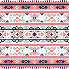 Colorful Tribal Seamless Pattern in Coral Pink, Navy, and Mint Green Tones