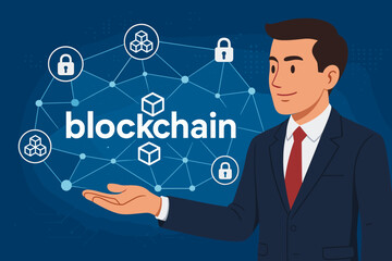 Businessman explaining blockchain technology concept. Vector illustration of a decentralized network with digital block and security icons for finance, cryptocurrency, and fintech.